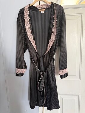 Black Pinstripe Satin Robe with Pink Lace Trim - Women’s Intimates
